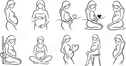 Pregnant woman line art collection featuring maternity silhouettes motherhood poses and minimalist pregnancy outline vector illustrations