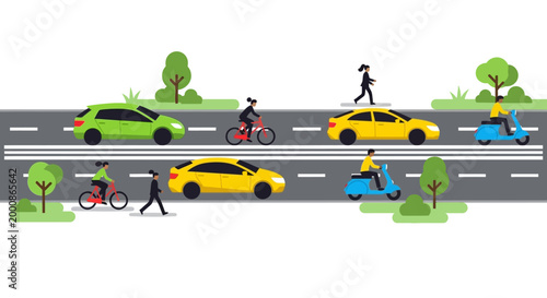 Cars and people on the road.