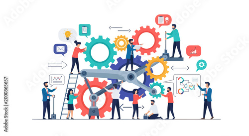 People working with colorful gear systems.