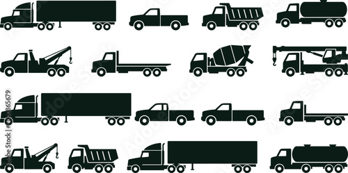 Large Vector Set of Black Truck Silhouettes Including Semi Trailers, Dump Trucks, Cement Mixers, Tow Trucks, and Delivery Vans for Logistics and Construction Industry