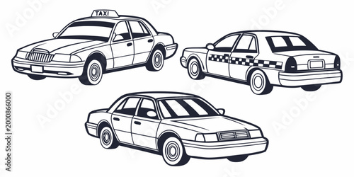 Set of three sedan style taxi cab illustrations in black and white line art style with transportation automobile collection illustration transport passenger automotive commercial minimalist