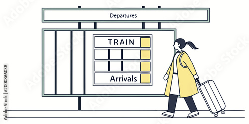 A person looking at a train arrival display board at a station departure and arrival times for passengers in a clean line art illustration public transport graphic design white background