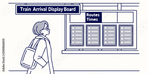 A person with luggage checking the train arrival display board showing departure and arrival times and platform numbers at a bustling station line art illustration public transport graphic design