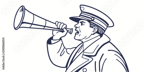 A train conductor or railway guard in uniform blowing a signaling whistle or horn on a train platform preparing for departure clean line art illustration public transport graphic design conductor