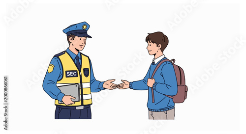 A male security officer in a high-visibility yellow vest speaks with a young student wearing a blue sweatshirt and brown backpack on a white background.