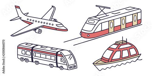 Travel and transportation icons set with airplane car sailboat bus in colorful circles public transport personal transport air travel road travel sea travel white background transportation