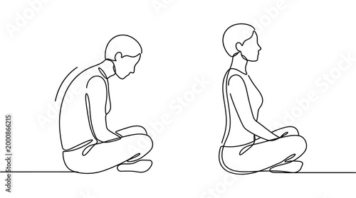 Continuous line drawing of correct and incorrect posture while sitting.
