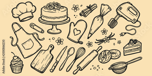 Baking Essentials Line Art: A charming illustration showcasing a variety of baking essentials, perfect for a culinary theme, and designed to inspire a sense of homey creativity.