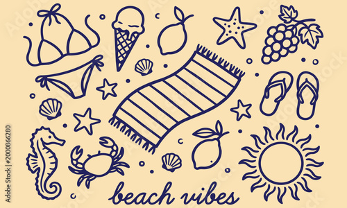 Beach Vibes: A collection of beach essentials and summer icons, illustrated in a clean and modern style, evokes the carefree spirit of a day at the beach. 