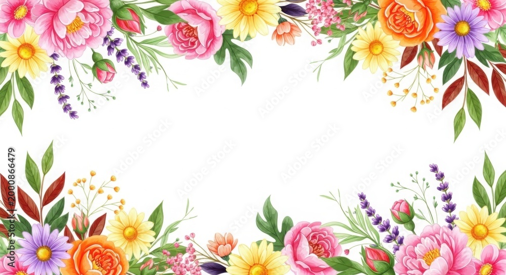 Fototapeta premium Vibrant floral border, colorful flowers, leafy greenery, decorative frame, garden blooms