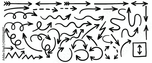 Collection of diverse hand-drawn arrows with varied styles and directions, perfect for design elements and visual cues