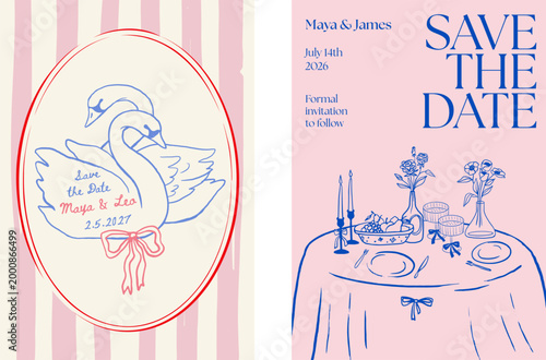 Hand drawn save the date wedding invitation template with vintage girlie doodles and retro swan line art illustrations