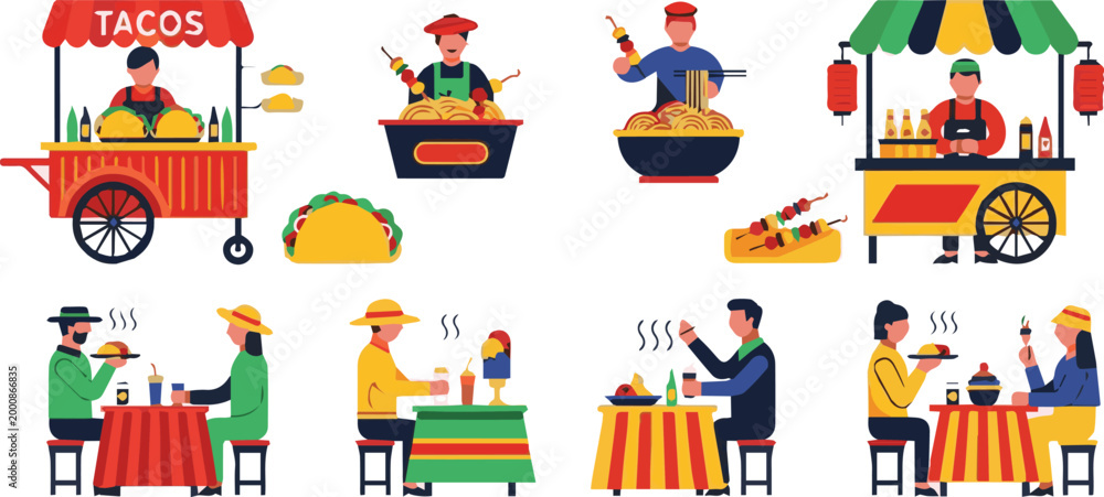 Naklejka premium People eating tacos and other food from vendors at tables outdoors