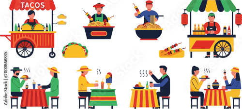 People eating tacos and other food from vendors at tables outdoors