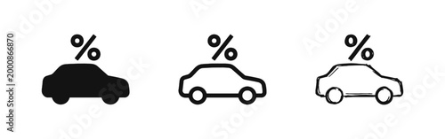 Car Loan Interest or Discount Icon Set Featuring a Car with Percentage Sign in Three Styles