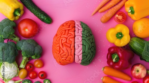 Colorful clay brain model split orange and green surrounded by fresh vegetables and fruits on a pink background symbolizing healthy food for cognitive function and mental wellness