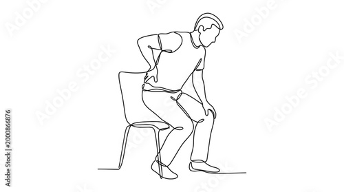 Continuous line drawing of a man sitting on a chair suffering from severe back pain.