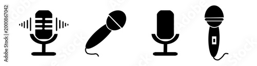 Microphone flat and silhouette icon set. Podcast icon set. Different microphone collection. Vector Graphic design