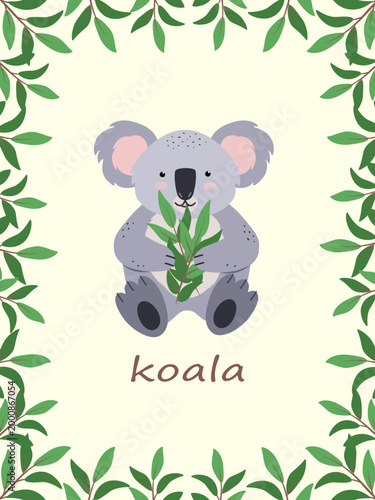 Postcard Cute koala eats eucalyptus leaves. Vector illustration of cartoon animal of Australia.