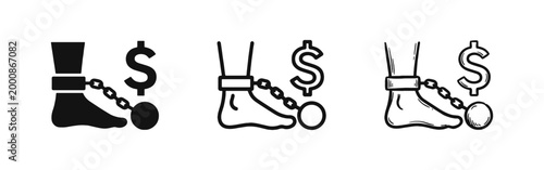 Financial Debt or Money Burden Icon Set with Leg Shackled to a Dollar Sign in Three Styles