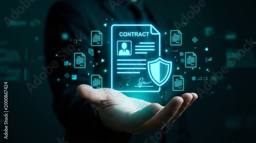 Hand holding a glowing holographic digital contract with a security shield and electronic signature, surrounded by document icons