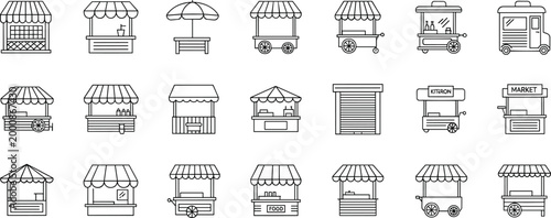 Street market stalls and vendor kiosks collection with retail booths carts and small shop structures for outdoor commerce concept