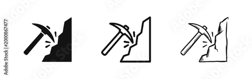 Mining Pickaxe Icon Set Showing Tool Hitting a Rock Wall in Three Styles