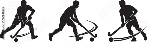 Vector silhouette of a men athletes playing hockey and golf in a snowy competition scene