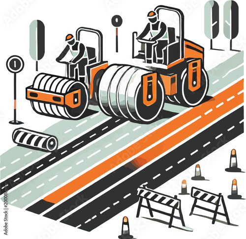 Road construction with steamrollers and workers roadwork