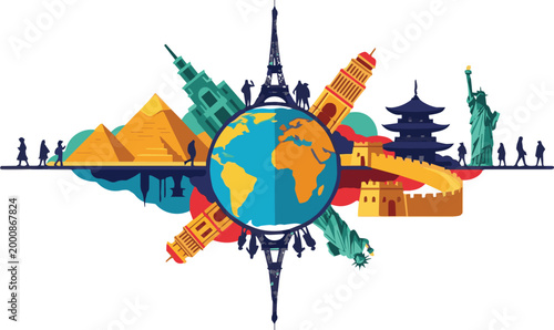 The globe showcases famous landmarks around the world in a colorful illustration.