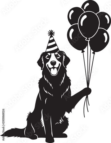 Happy Dog with Balloons Wearing Party Hat – Birthday Celebration Silhouette Illustration.