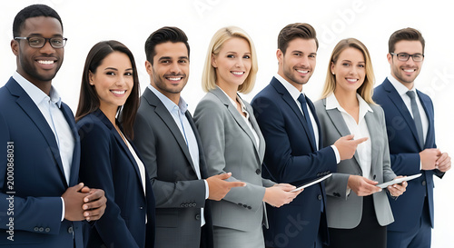 A group of diverse professionals standing together smiling confidently, teamwork and diversity concept, isolated on white background.