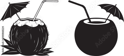 Coconut Drink with Straw and Umbrella Silhouette Vector Illustration.