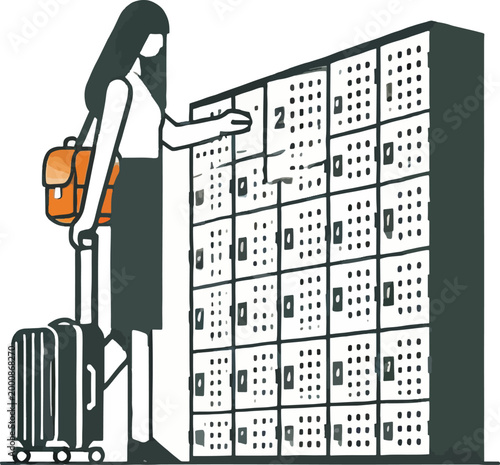 Woman with luggage and storage lockers Keywords: woman, luggage, suitcase, bag, lockers, storage
