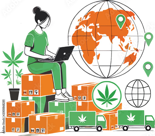 Woman with laptop and cannabis delivery concept Keywords: woman, laptop, cannabis, marijuana