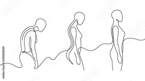 Continuous line art illustration showing human posture correction and spinal health improvement.