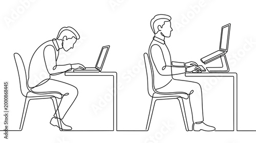 Continuous line drawing of bad and good posture at desk.