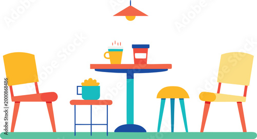 Plastic furniture set. Colorful tables and chairs