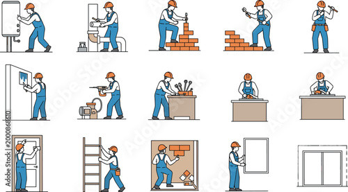 Construction Worker Activities Set Including Mason Plumbing Electrical Installation and Repair Work Vector Illustration