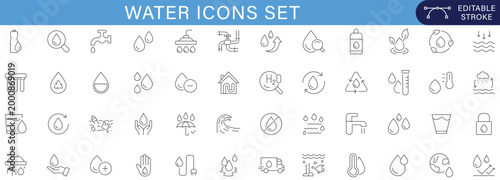 Water icons set line outline collection for UI UX design, hydration, sanitation, plumbing, liquid, droplet, cleaning, eco system symbols, minimal vector pack for web and app interface editable stroke