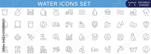 Water icons set line outline collection for UI UX design, hydration, sanitation, plumbing, liquid, droplet, cleaning, eco system symbols, minimal vector pack for web and app interface editable stroke