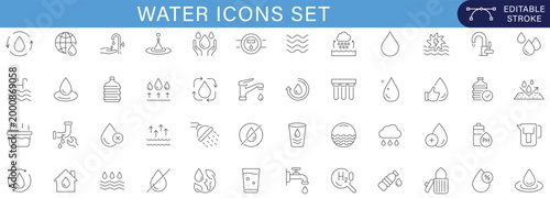 Water icons set line outline collection for UI UX design, hydration, sanitation, plumbing, liquid, droplet, cleaning, eco system symbols, minimal vector pack for web and app interface editable stroke