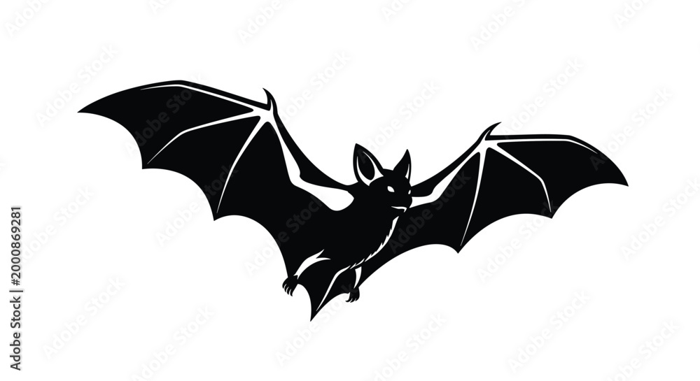 Fototapeta premium Simple black silhouette of a bat with large outspread wings flying against a white background for classic Halloween themes.
