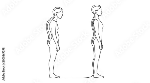 Continuous line art illustration showing human posture correction comparison.