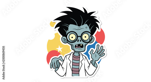 Wacky zombie scientist character with messy black hair and glasses wearing a white lab coat over a striped shirt.