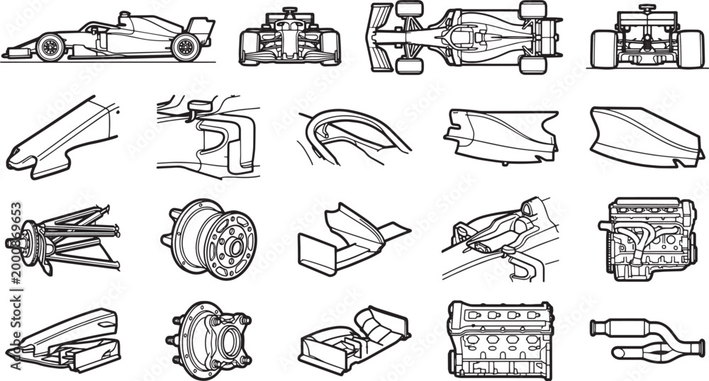 Fototapeta premium A blueprint of a Formula 1 race car showcasing its detailed components, offering a technical view.