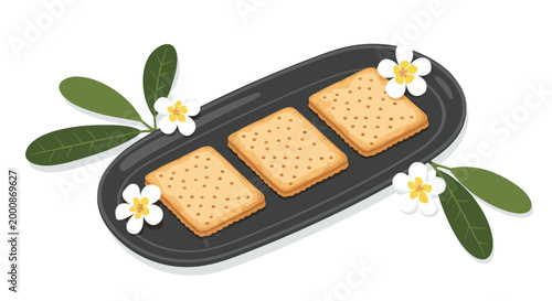 Three square crackers or biscuits served on a black oval plate decorated with white flowers and green leaves for snacks.