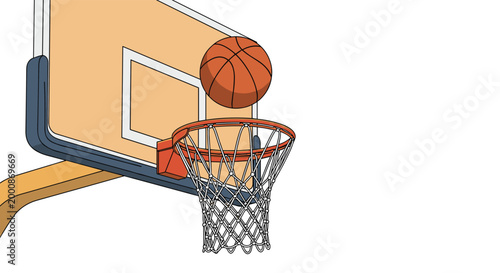 Action shot of an orange basketball flying toward a hoop with a white net and backboard for sports concepts and athletic competitions.