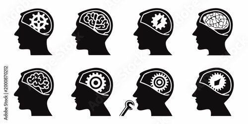 Collection of human brain icons featuring question marks and abstract patterns representing mental confusion and cognitive activity thinking question confusion cognitive intelligence psychology