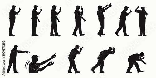 Male human silhouette set displaying various posing and gesturing activities with full length silhouette gesturing standing pointing isolated background illustrative movement communication